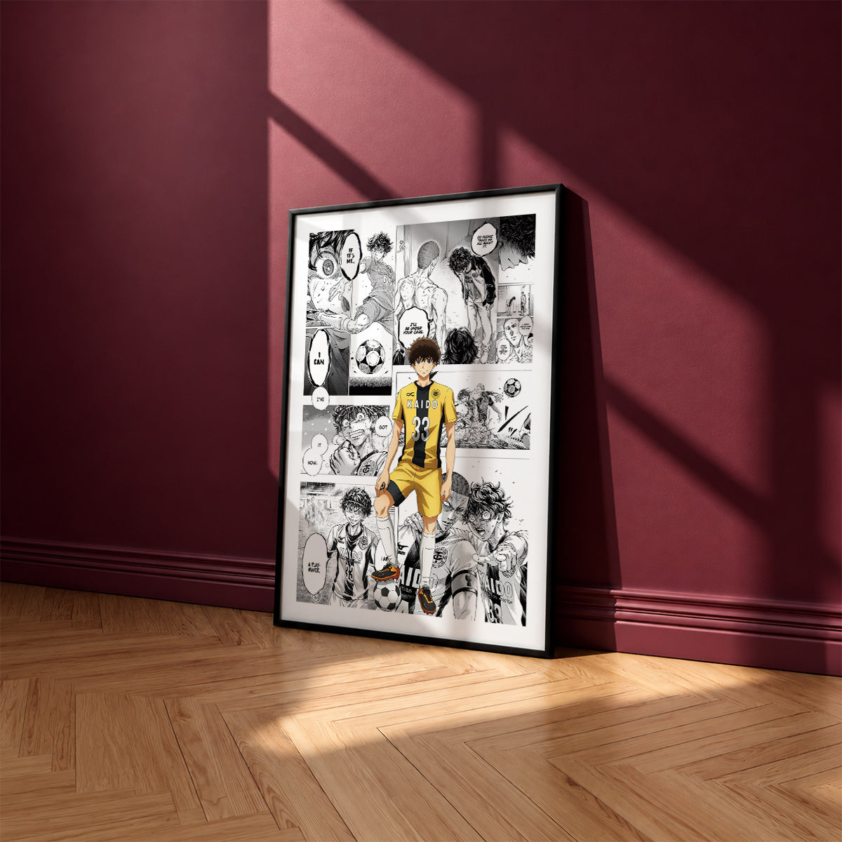 Ashito Aoi manga poster inspired by Aoashi in a black frame against a burgundy wall
