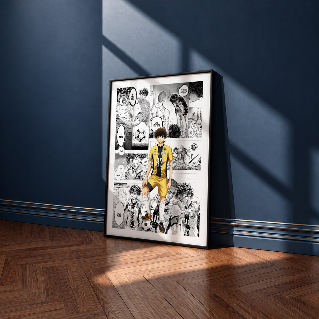 Ashito Aoi manga poster inspired by Aoashi in a black frame against a navy blue wall