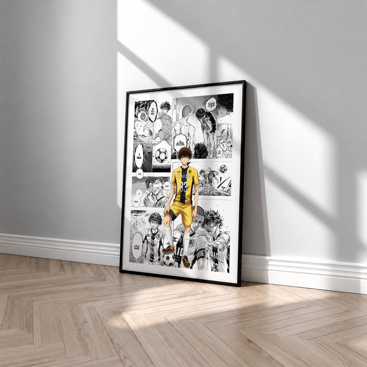 Ashito Aoi manga poster inspired by Aoashi in a black frame against a light gray wall