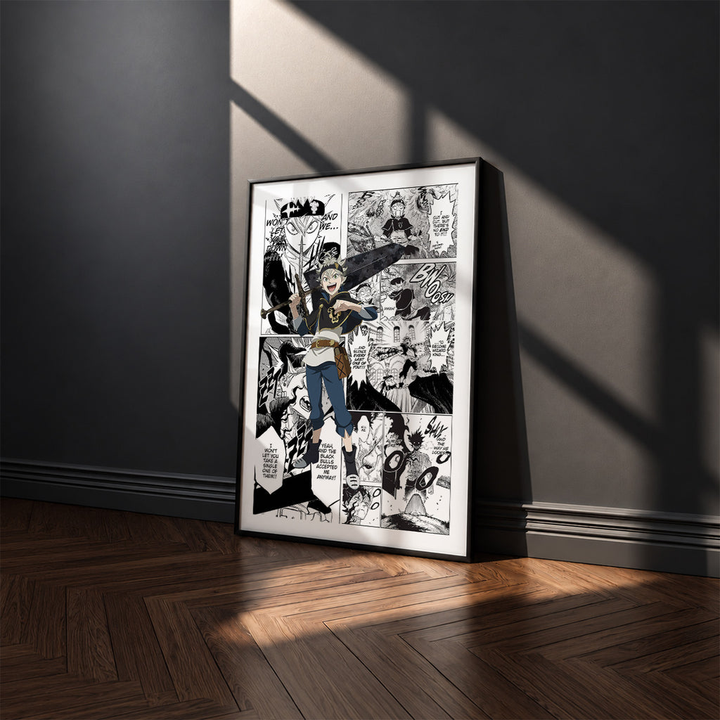 Asta manga poster inspired by Black Clover in a black frame against a charcoal gray wall