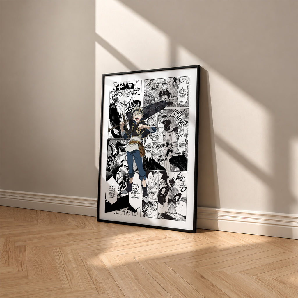 Asta manga poster inspired by Black Clover in a black frame against a warm beige wall