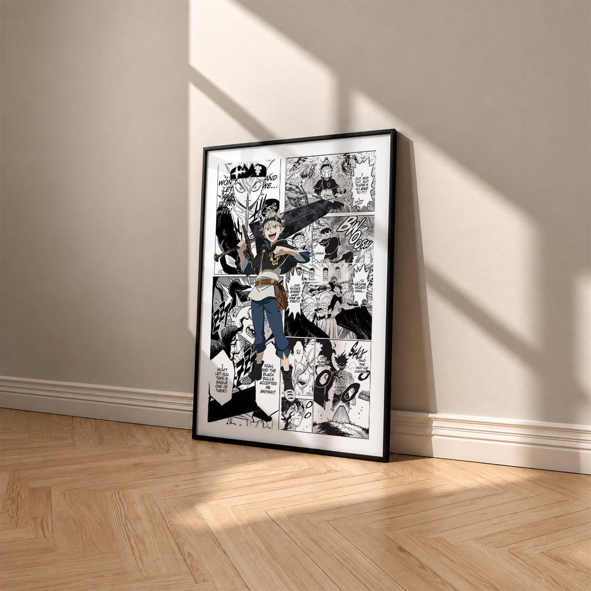 Asta manga poster inspired by Black Clover in a black frame against a warm beige wall