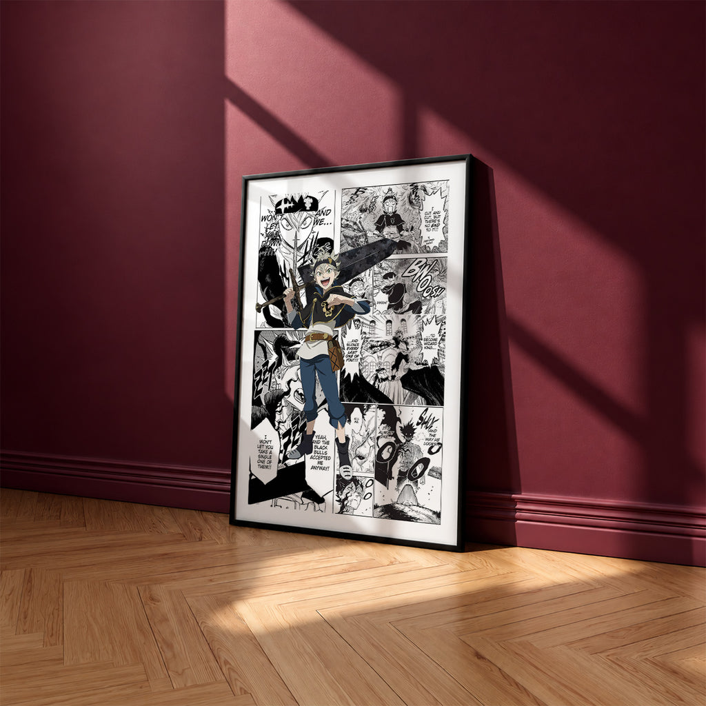 Asta manga poster inspired by Black Clover in a black frame against a burgundy wall