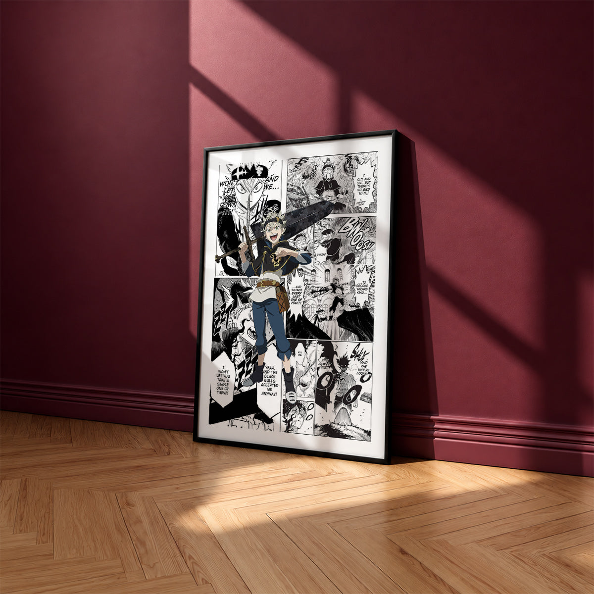 Asta manga poster inspired by Black Clover in a black frame against a burgundy wall