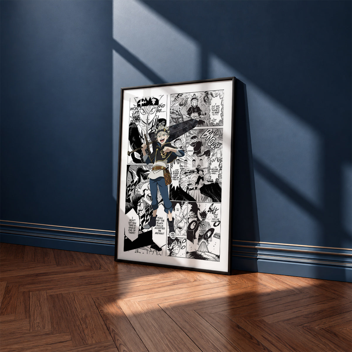 Asta manga poster inspired by Black Clover in a black frame against a navy blue wall