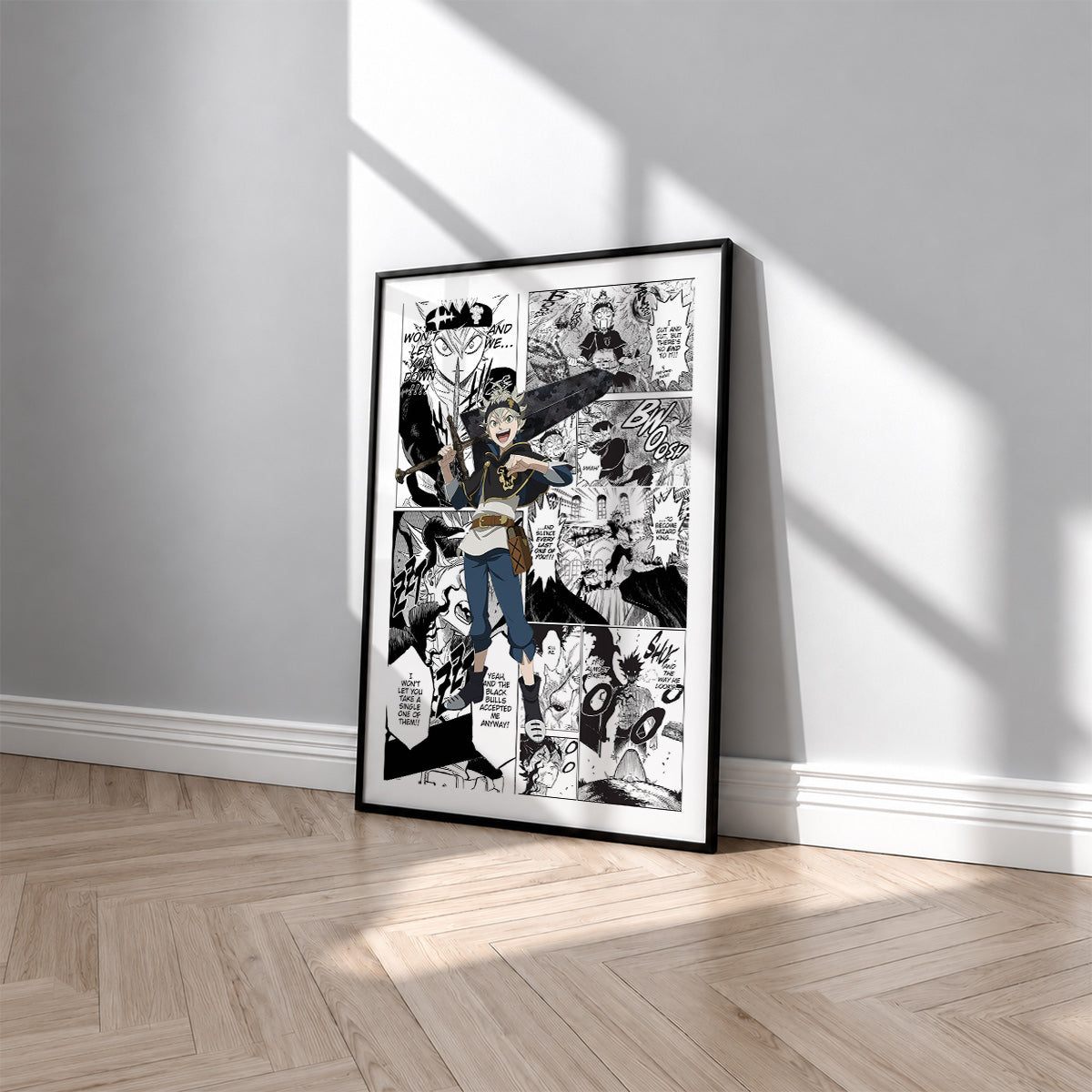 Asta manga poster inspired by Black Clover in a black frame against a light gray wall
