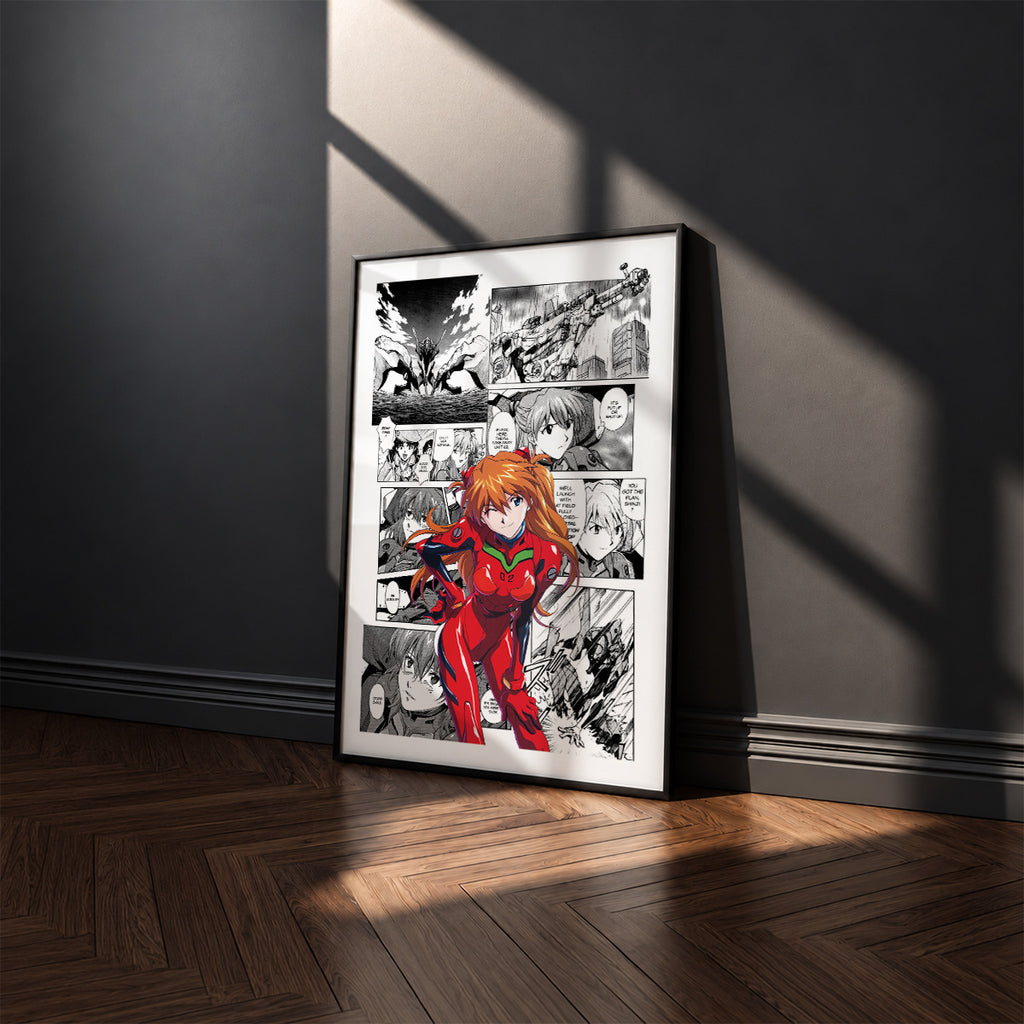 Asuka Langley Soryu manga poster inspired by Neon Genesis Evangelion in a black frame against a charcoal gray wall