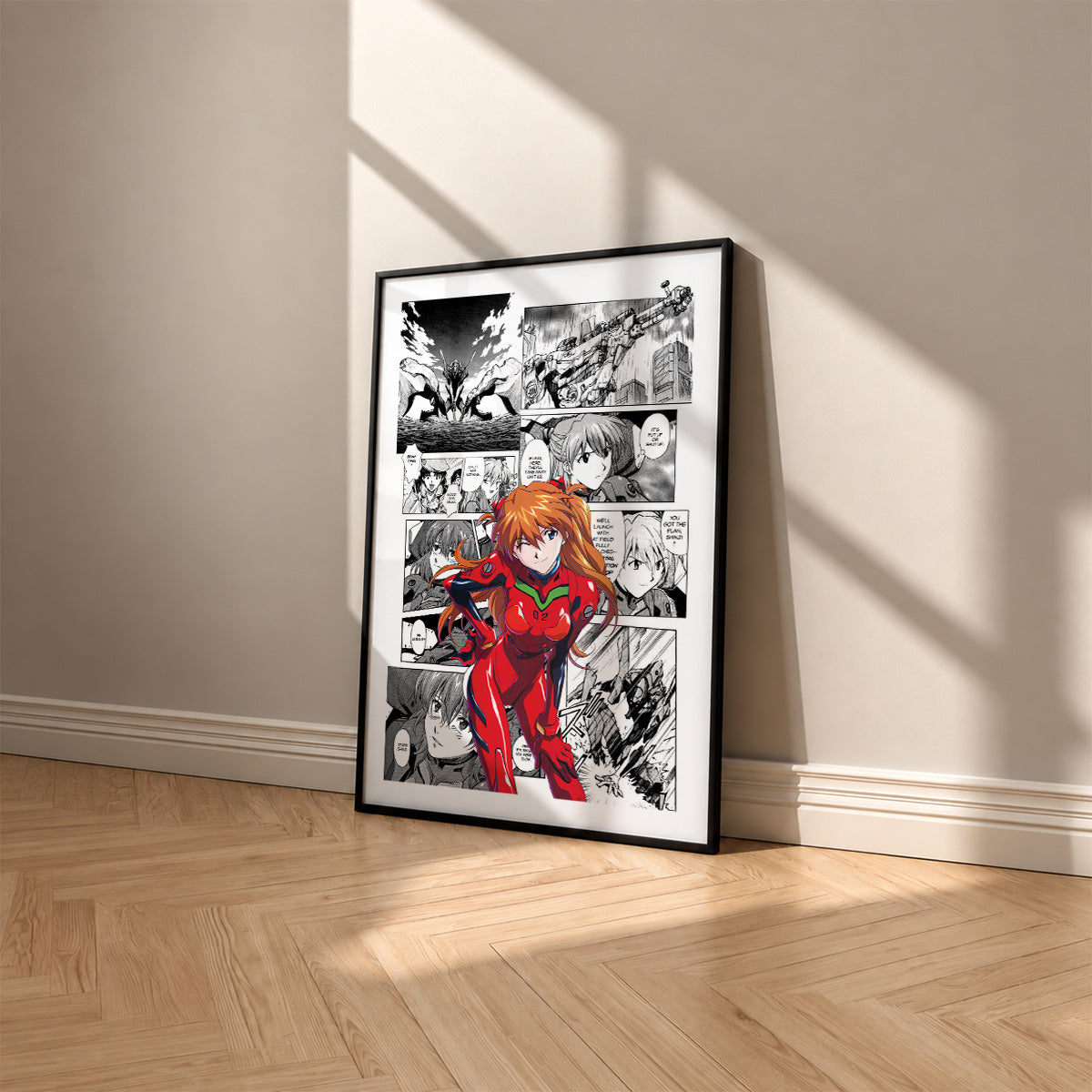 Asuka Langley Soryu manga poster inspired by Neon Genesis Evangelion in a black frame against a warm beige wall