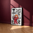 Asuka Langley Soryu manga poster inspired by Neon Genesis Evangelion in a black frame against a burgundy wall