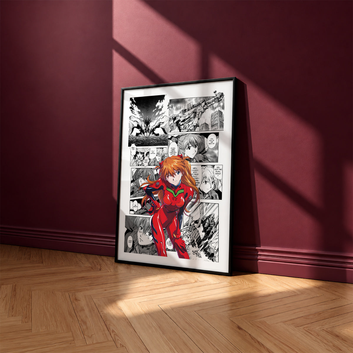 Asuka Langley Soryu manga poster inspired by Neon Genesis Evangelion in a black frame against a burgundy wall