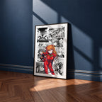 Asuka Langley Soryu manga poster inspired by Neon Genesis Evangelion in a black frame against a navy blue wall