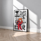 Asuka Langley Soryu manga poster inspired by Neon Genesis Evangelion in a black frame against a light gray wall