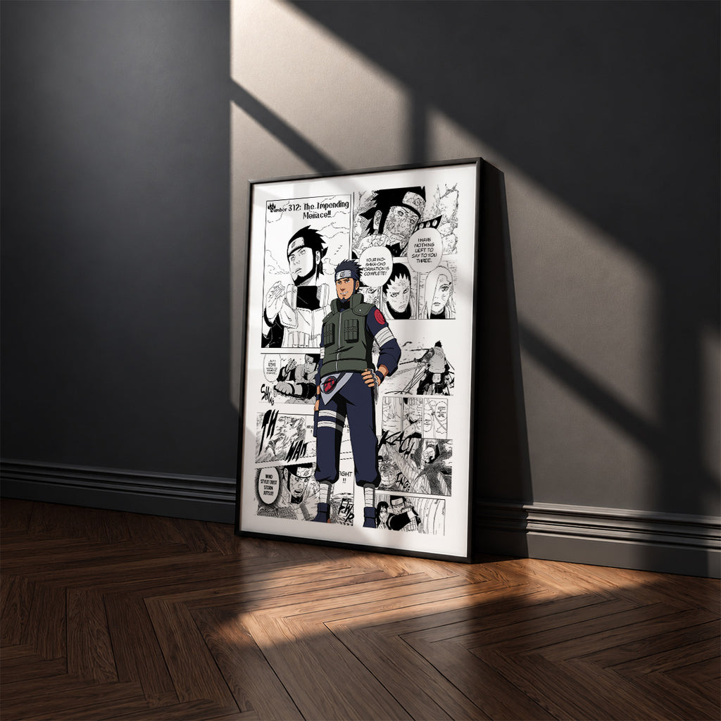 Asuma Sarutobi manga poster inspired by Naruto in a black frame against a charcoal gray wall