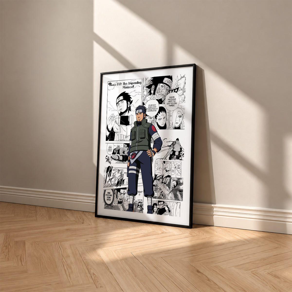 Asuma Sarutobi manga poster inspired by Naruto in a black frame against a warm beige wall
