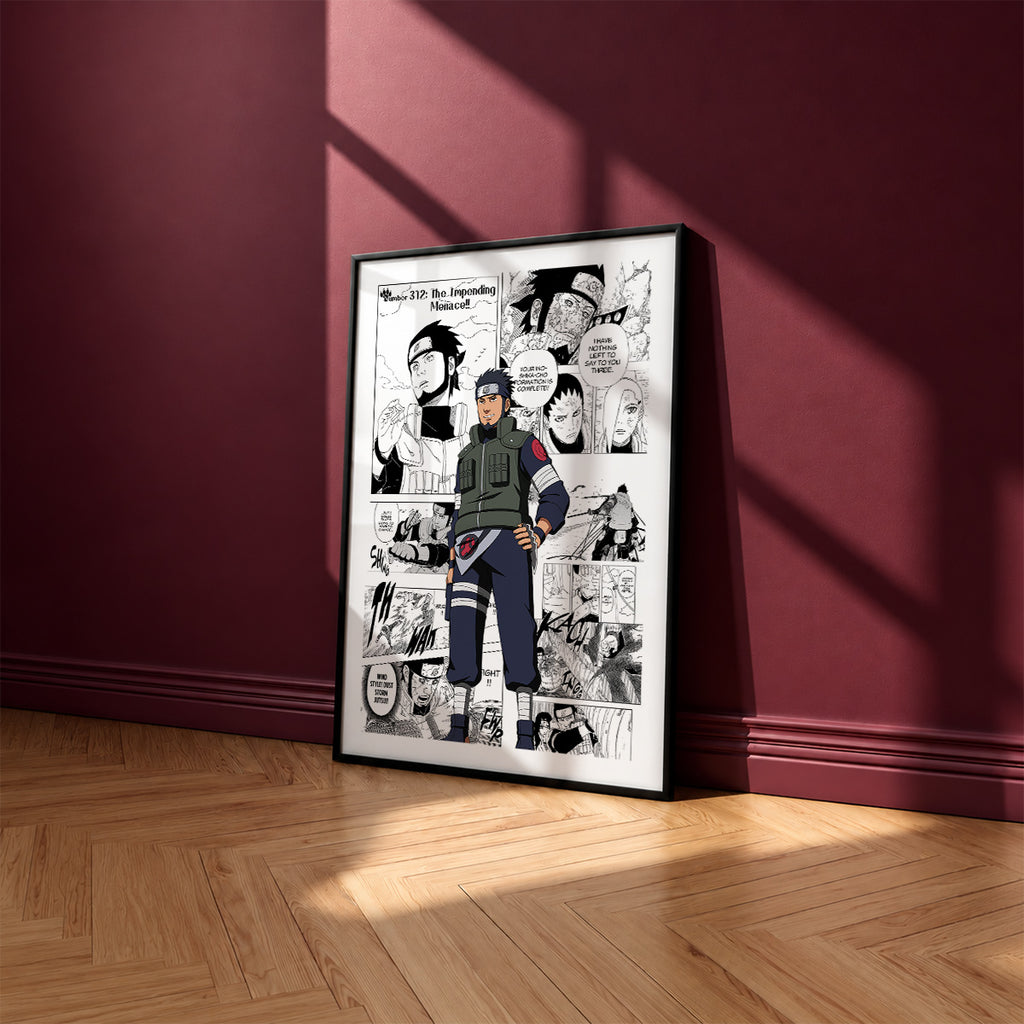 Asuma Sarutobi manga poster inspired by Naruto in a black frame against a burgundy wall
