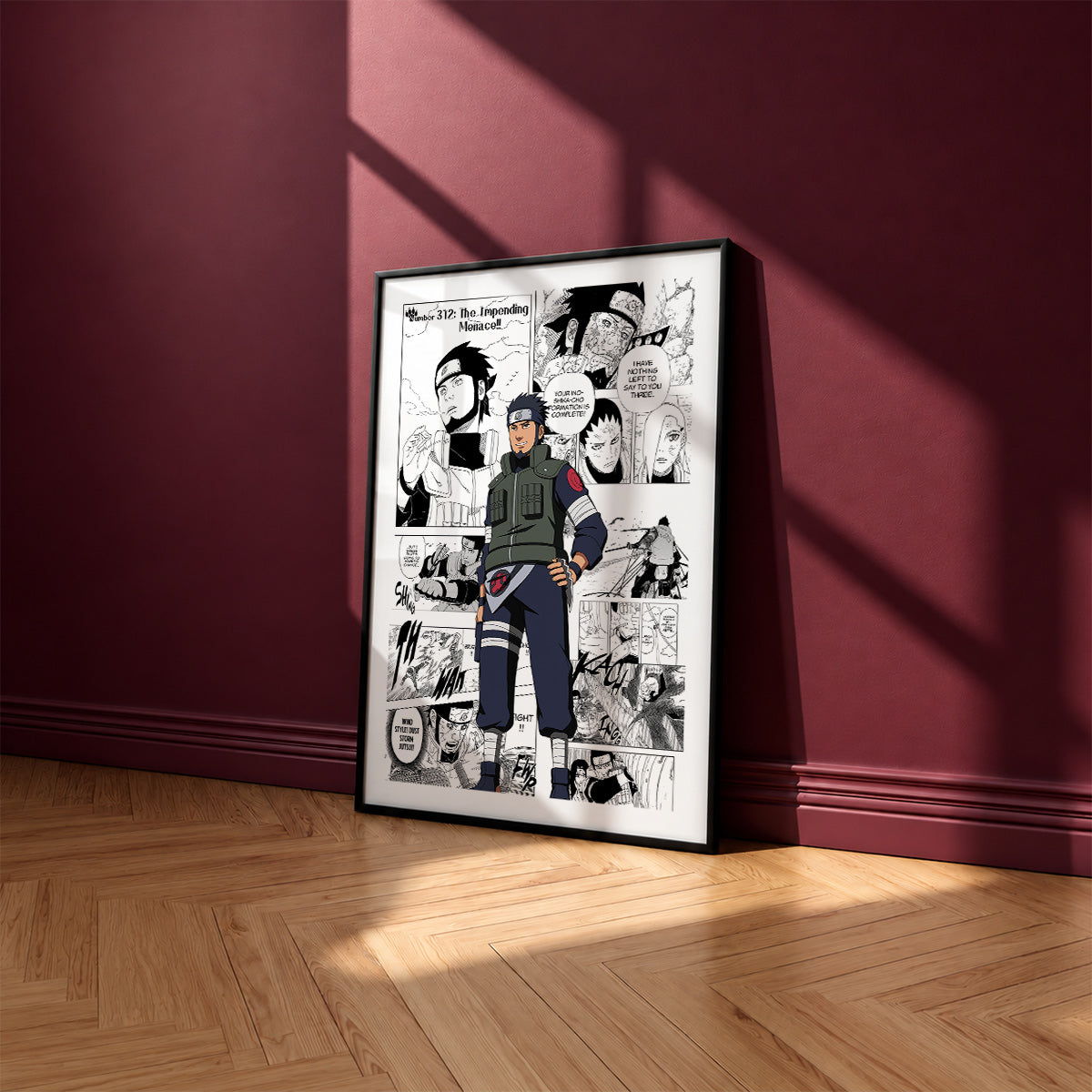 Asuma Sarutobi manga poster inspired by Naruto in a black frame against a burgundy wall