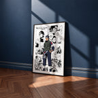 Asuma Sarutobi manga poster inspired by Naruto in a black frame against a navy blue wall