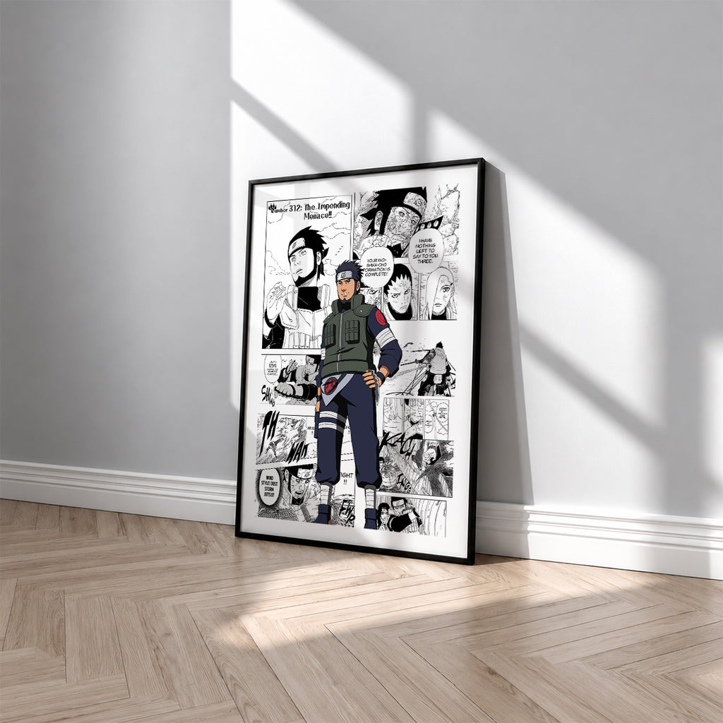 Asuma Sarutobi manga poster inspired by Naruto in a black frame against a light gray wall