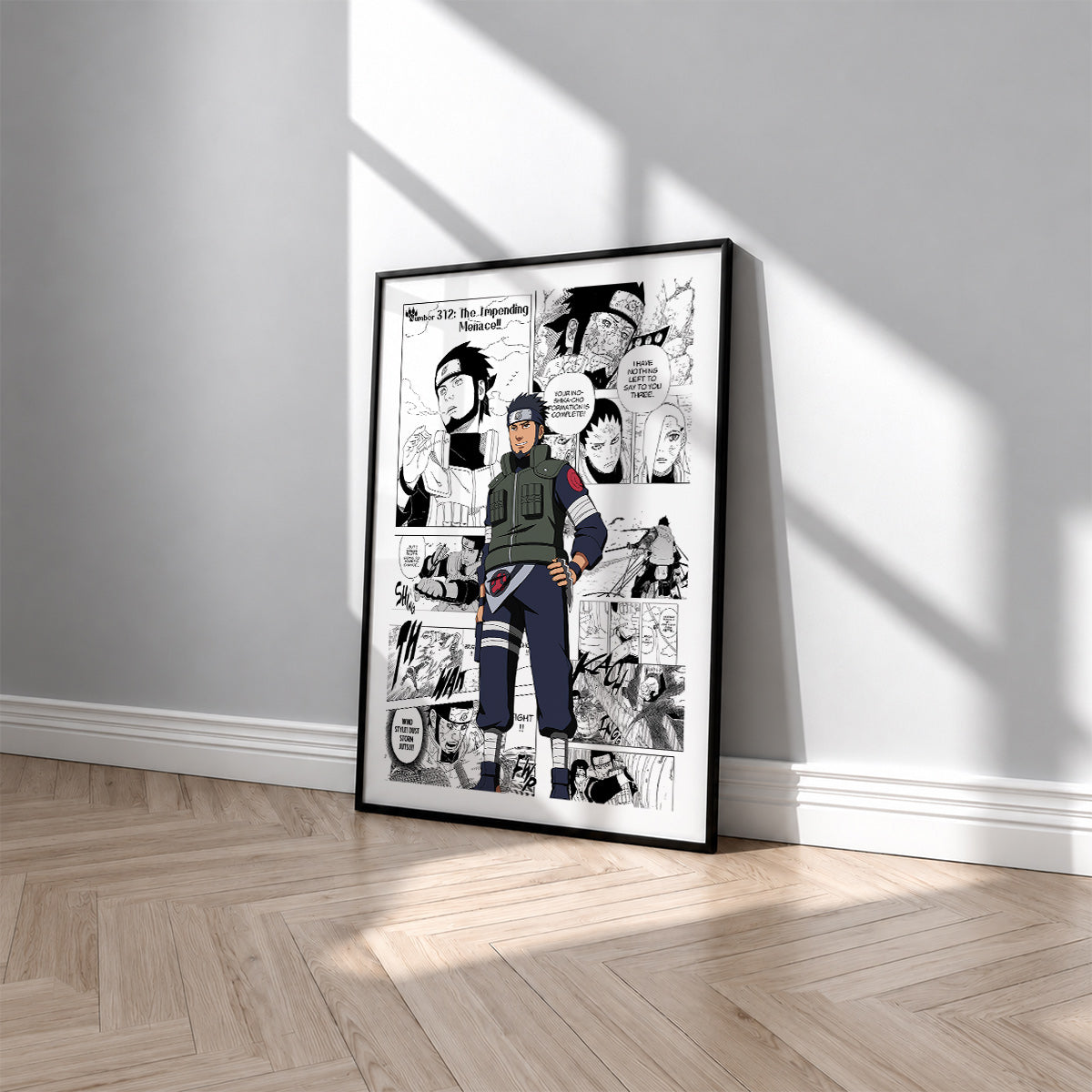 Asuma Sarutobi manga poster inspired by Naruto in a black frame against a light gray wall