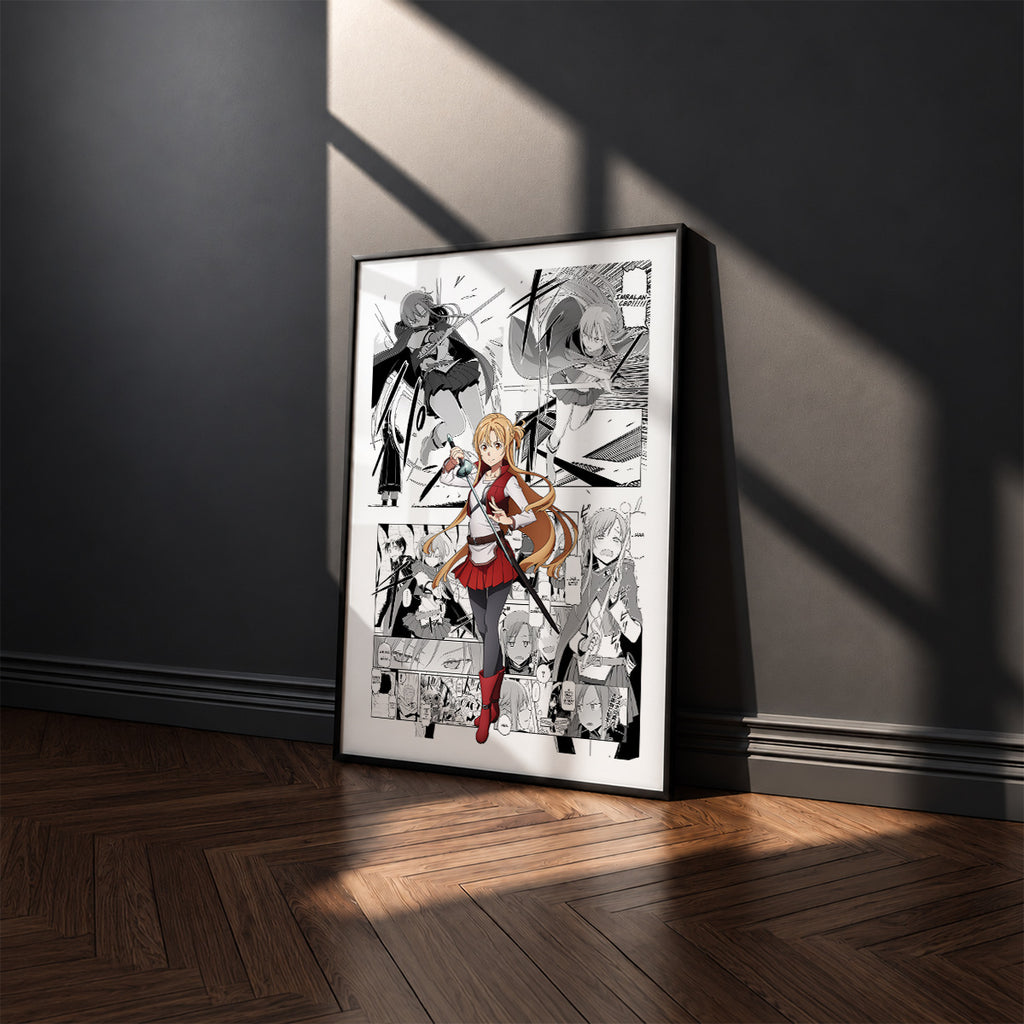 Asuna Yuuki manga poster inspired by Sword Art Online in a black frame against a charcoal gray wall