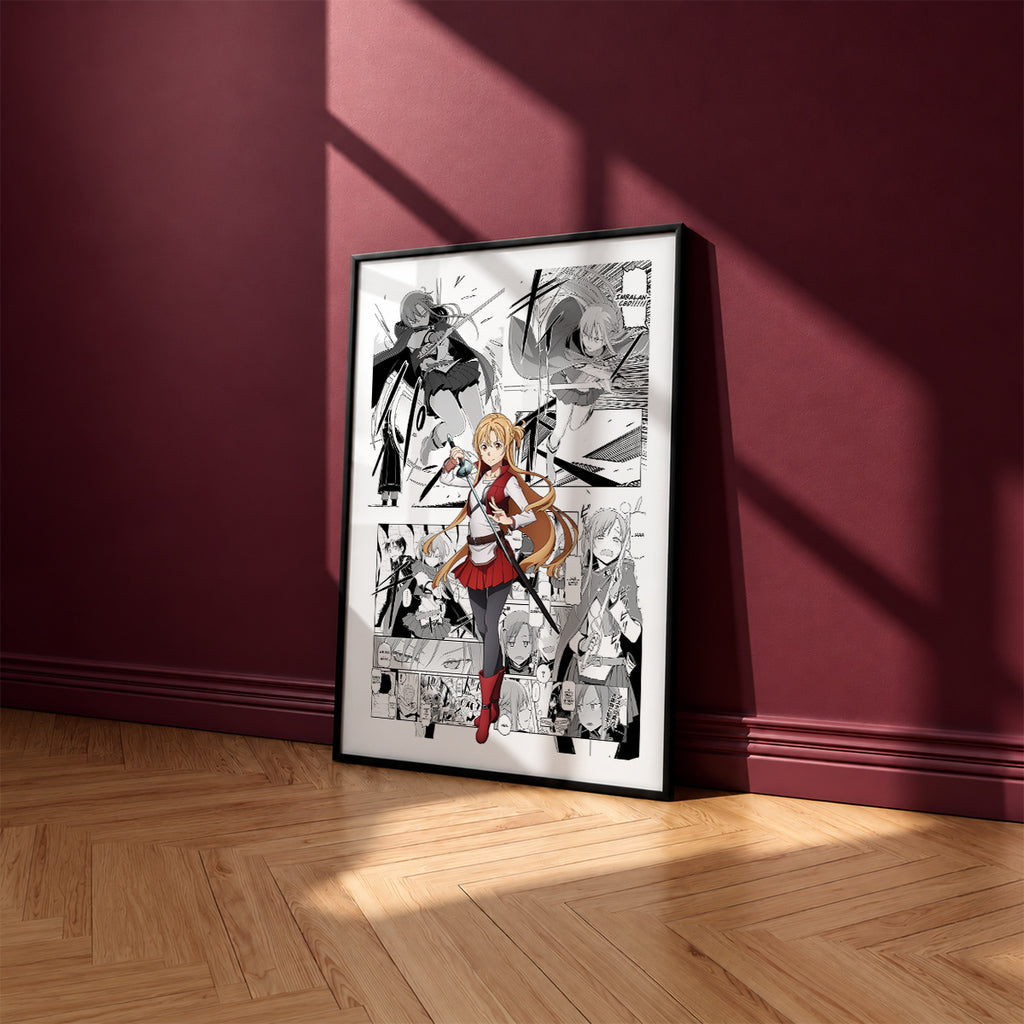 Asuna Yuuki manga poster inspired by Sword Art Online in a black frame against a burgundy wall