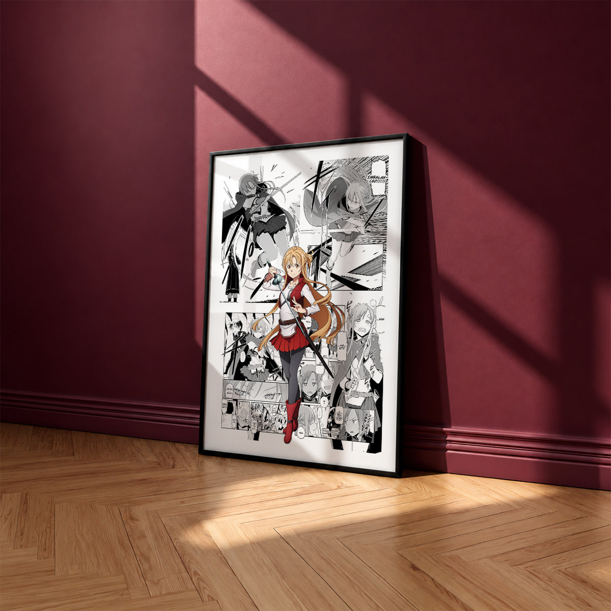 Asuna Yuuki manga poster inspired by Sword Art Online in a black frame against a burgundy wall