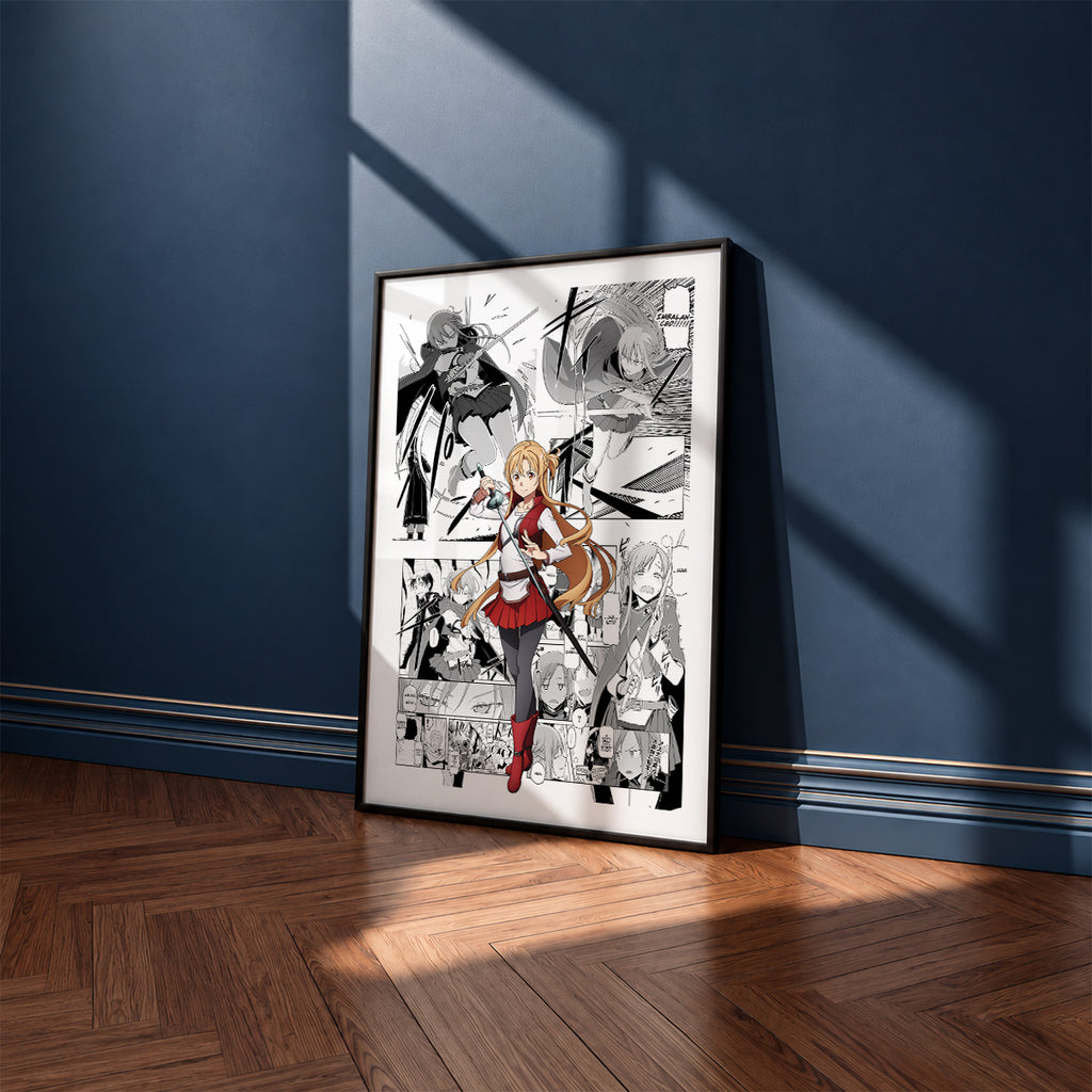 Asuna Yuuki manga poster inspired by Sword Art Online in a black frame against a navy blue wall