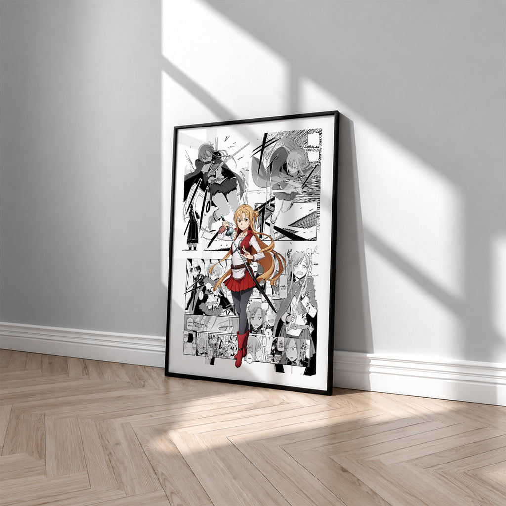 Asuna Yuuki manga poster inspired by Sword Art Online in a black frame against a light gray wall