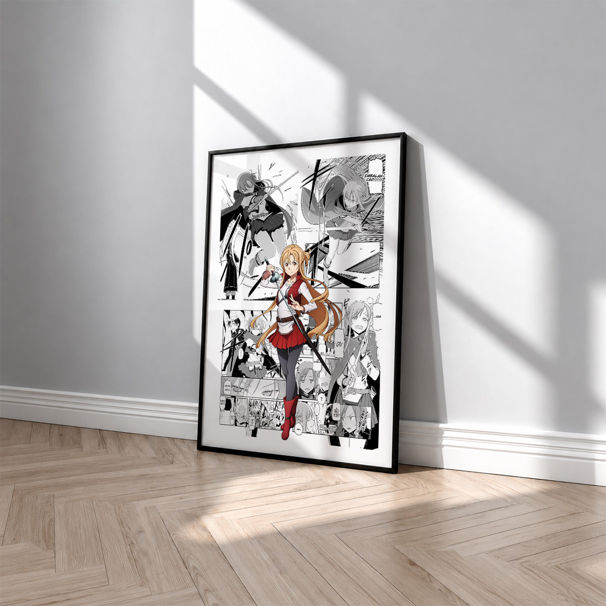 Asuna Yuuki manga poster inspired by Sword Art Online in a black frame against a light gray wall