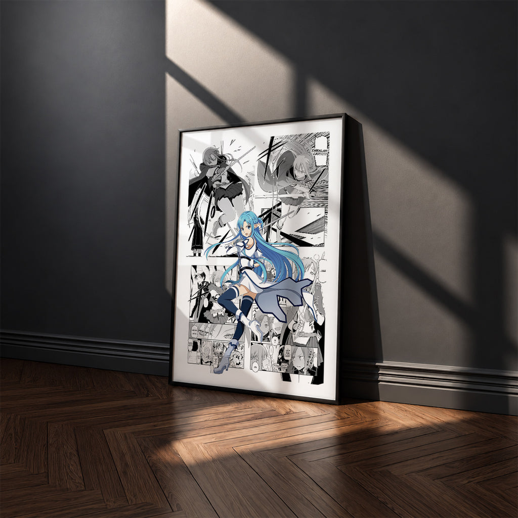 Asuna Yuuki Undine manga poster inspired by Sword Art Online in a black frame against a charcoal gray wall