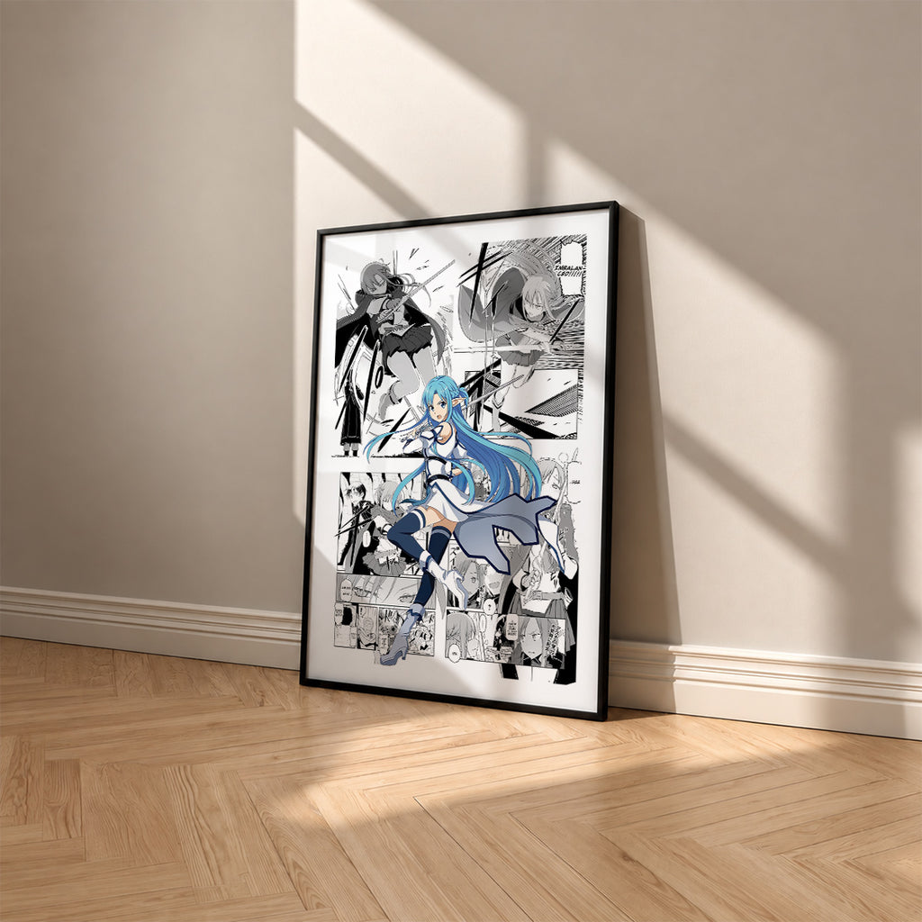 Asuna Yuuki Undine manga poster inspired by Sword Art Online in a black frame against a warm beige wall
