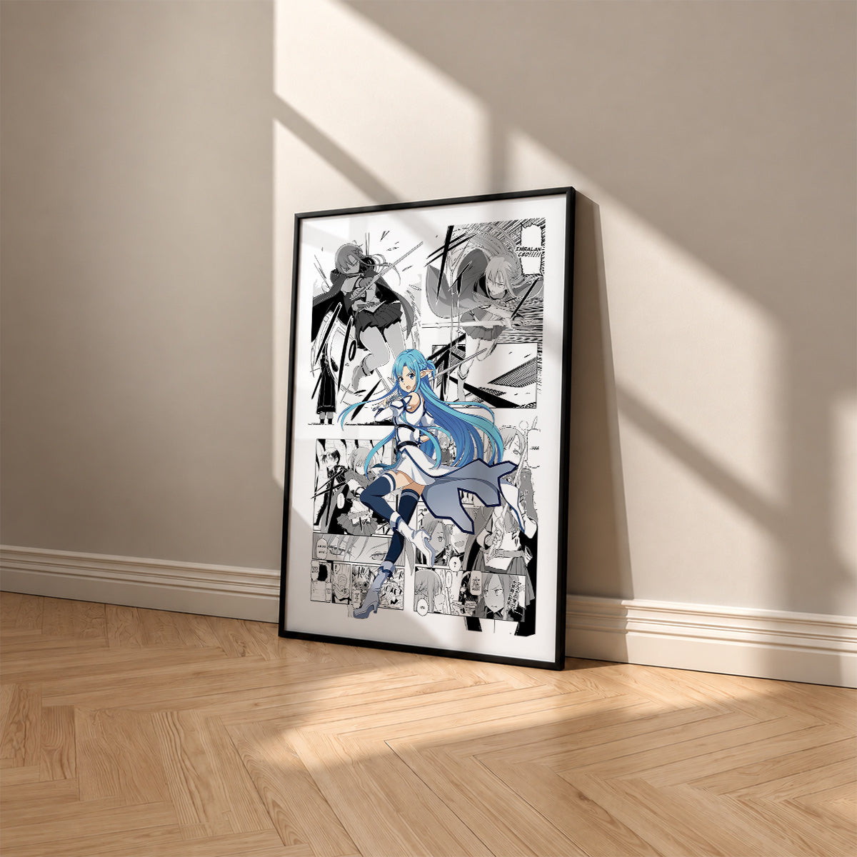 Asuna Yuuki Undine manga poster inspired by Sword Art Online in a black frame against a warm beige wall