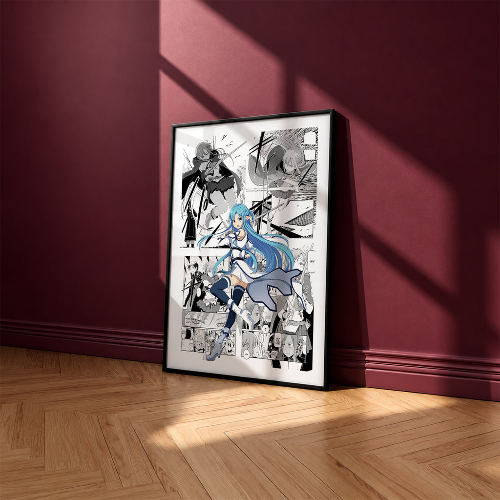 Asuna Yuuki Undine manga poster inspired by Sword Art Online in a black frame against a burgundy wall