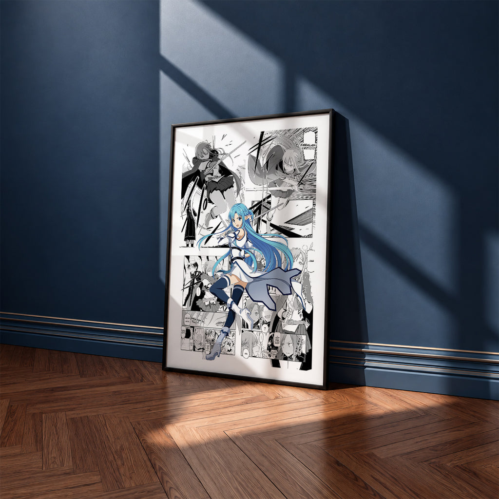 Asuna Yuuki Undine manga poster inspired by Sword Art Online in a black frame against a navy blue wall
