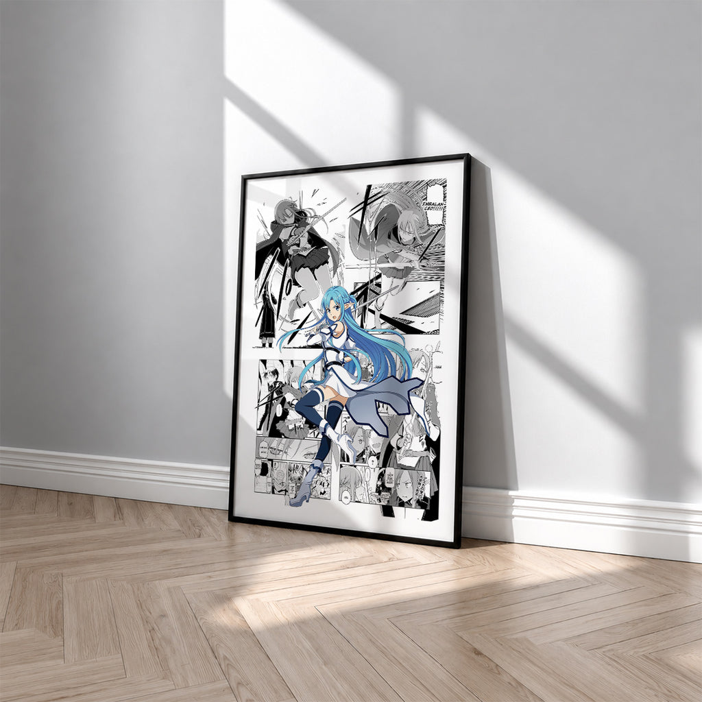Asuna Yuuki Undine manga poster inspired by Sword Art Online in a black frame against a light gray wall