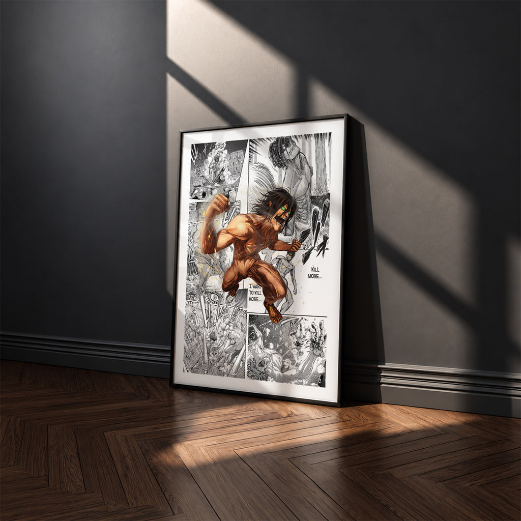 Eren Yeager Attack Titan manga poster inspired by Attack on Titan in a black frame against a charcoal gray wall