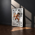Eren Yeager Attack Titan manga poster inspired by Attack on Titan in a black frame against a charcoal gray wall