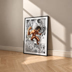 Eren Yeager Attack Titan manga poster inspired by Attack on Titan in a black frame against a warm beige wall