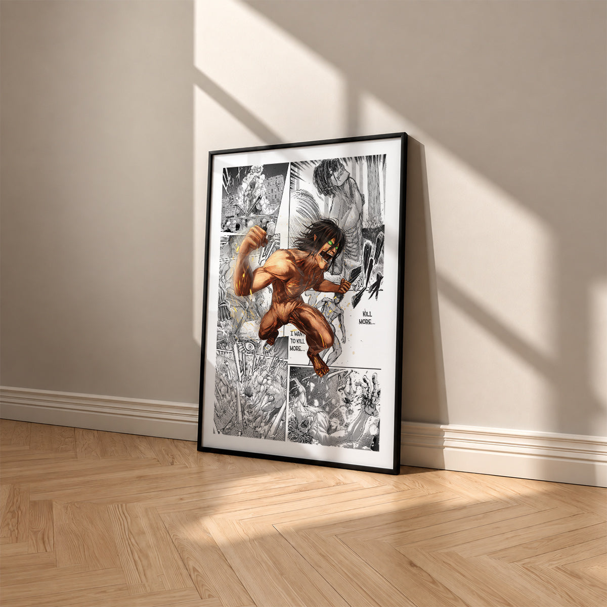 Eren Yeager Attack Titan manga poster inspired by Attack on Titan in a black frame against a warm beige wall