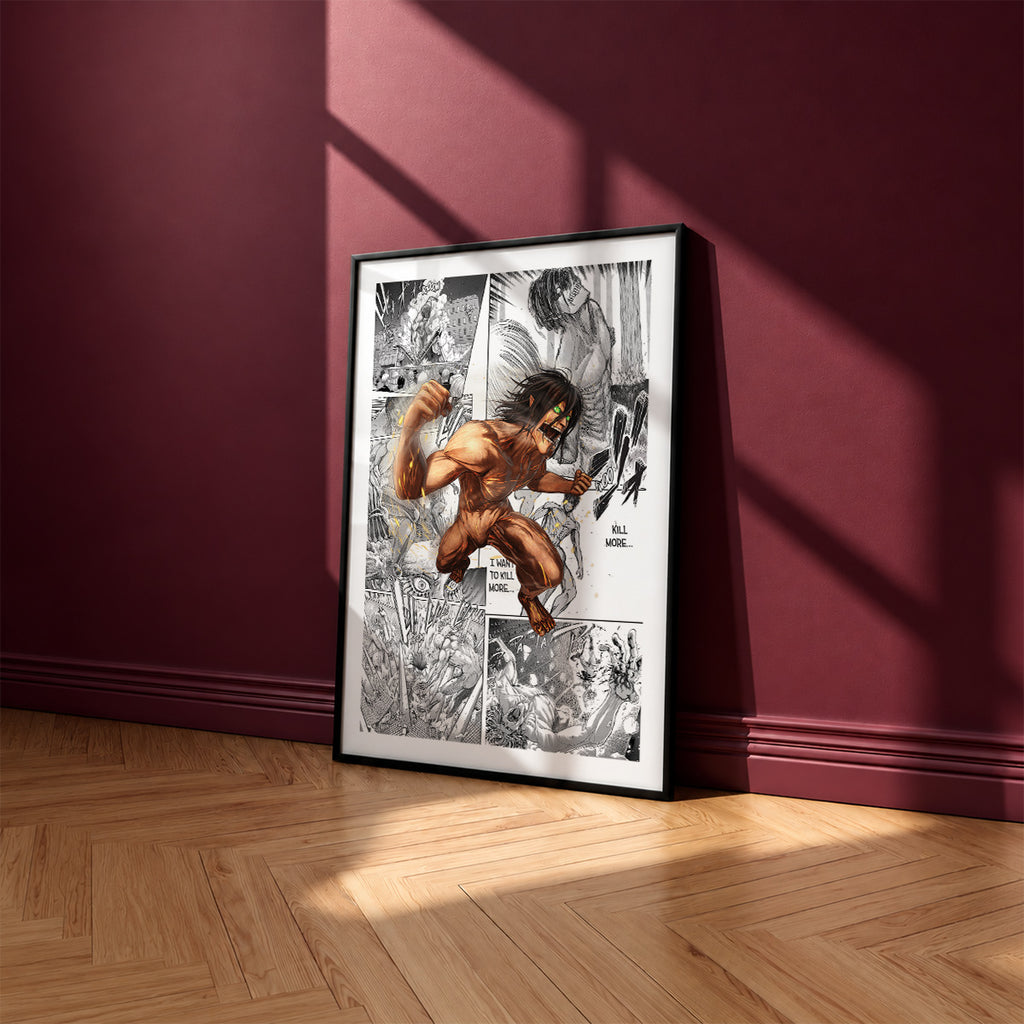 Eren Yeager Attack Titan manga poster inspired by Attack on Titan in a black frame against a burgundy wall