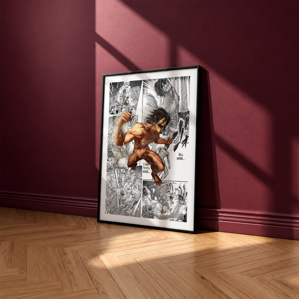 Eren Yeager Attack Titan manga poster inspired by Attack on Titan in a black frame against a burgundy wall
