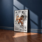 Eren Yeager Attack Titan manga poster inspired by Attack on Titan in a black frame against a navy blue wall