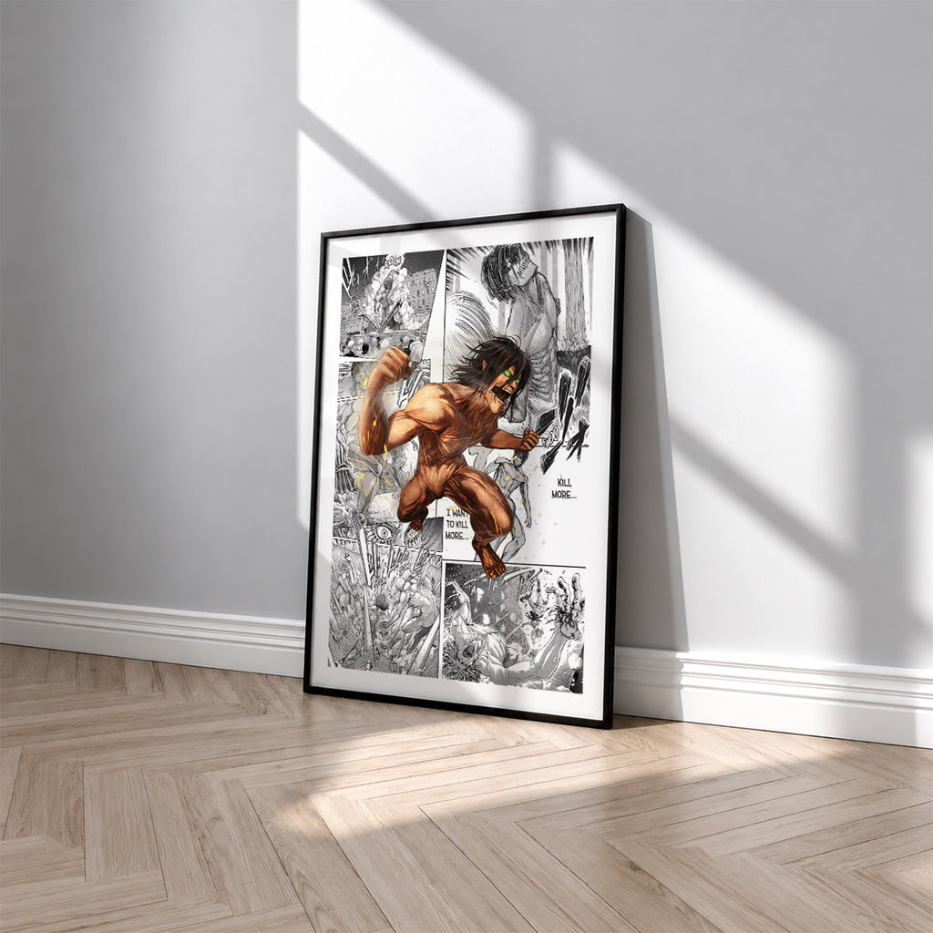 Eren Yeager Attack Titan manga poster inspired by Attack on Titan in a black frame against a light gray wall