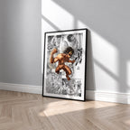 Eren Yeager Attack Titan manga poster inspired by Attack on Titan in a black frame against a light gray wall
