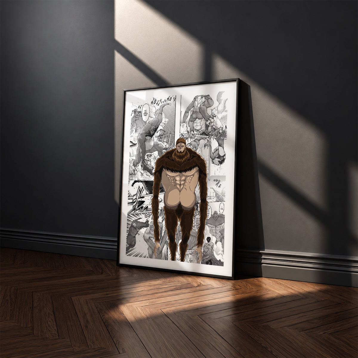 Zeke Yeager Beast Titan manga poster inspired by Attack on Titan in a black frame against a charcoal gray wall