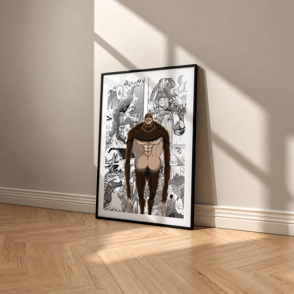 Zeke Yeager Beast Titan manga poster inspired by Attack on Titan in a black frame against a warm beige wall