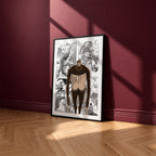 Zeke Yeager Beast Titan manga poster inspired by Attack on Titan in a black frame against a burgundy wall