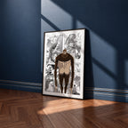 Zeke Yeager Beast Titan manga poster inspired by Attack on Titan in a black frame against a navy blue wall