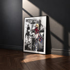 Cha Hae-In manga poster inspired by Solo Leveling in a black frame against a charcoal gray wall