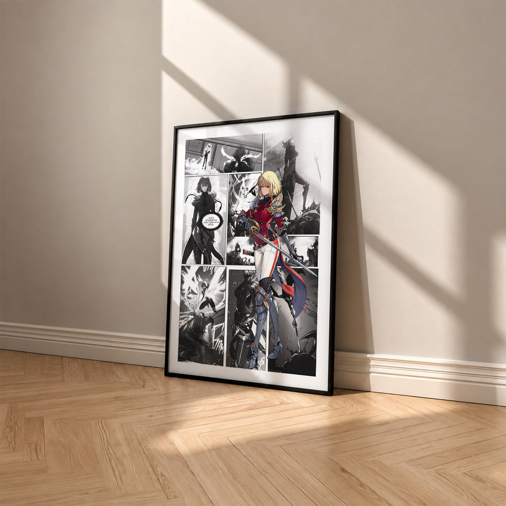 Cha Hae-In manga poster inspired by Solo Leveling in a black frame against a warm beige wall
